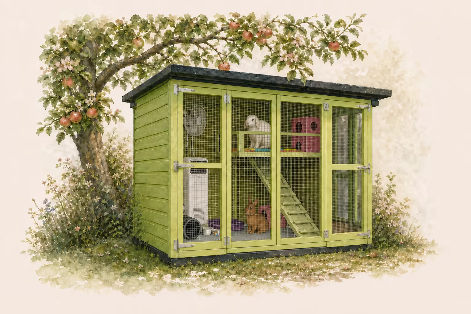 Tall green Lime Tree lodge beneath an apple tree, with a white lop and brown upright-eared rabbit inside